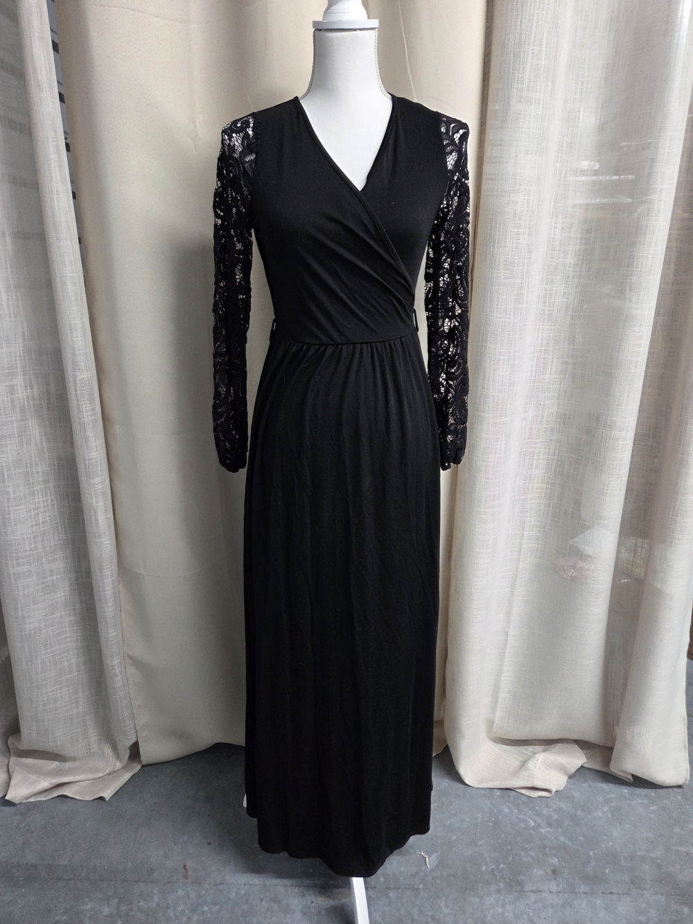 Black Lace-Sleeve Wrap Maxi Dress Dark Romance Evening Goth Size S